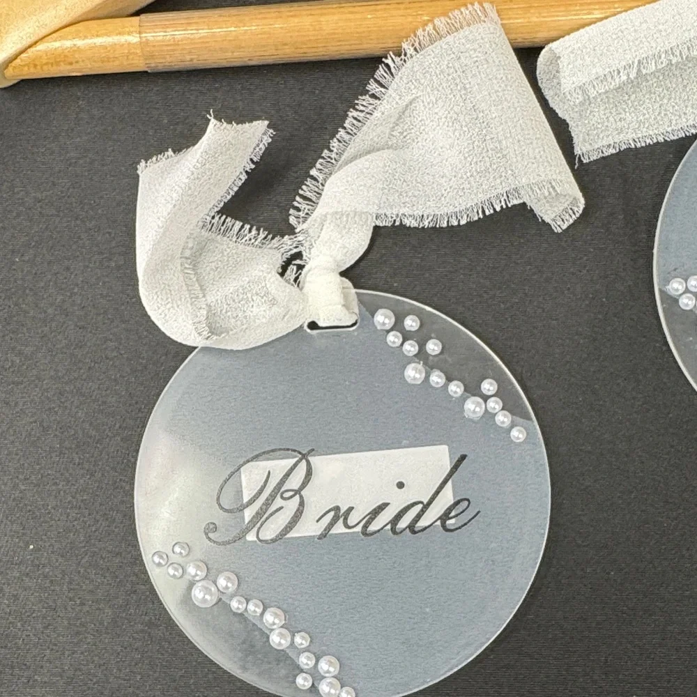 Bride and Groom Elegant Wooden Hangers Set with Silver Hooks hanging tags new